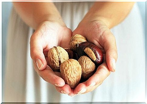 A woman is holding walnuts in her hand