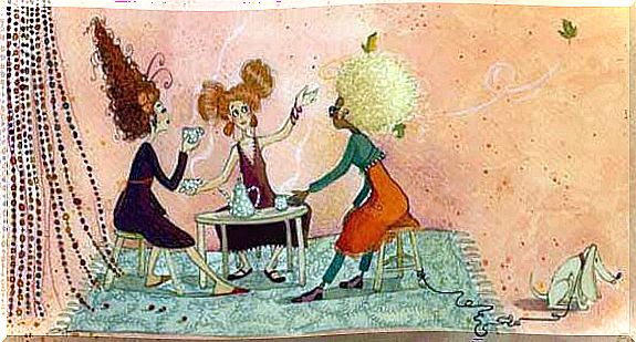 illustration of female friends having coffee 